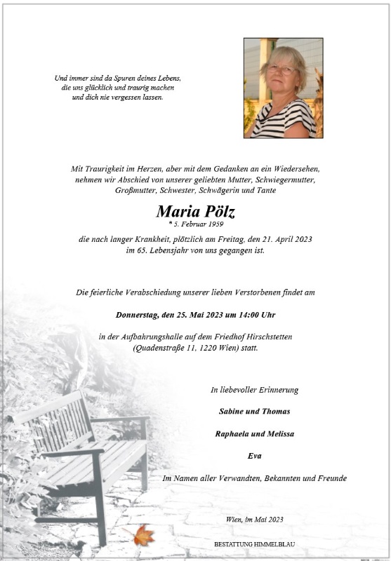 Gedenkseite für Maria Pölz Bestattung Himmelblau GmbH