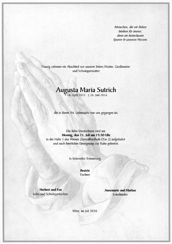 Erinnerungsbild für Augusta Maria Sutrich