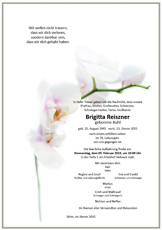 Erinnerungsbild für Brigitta Maria Reiszner