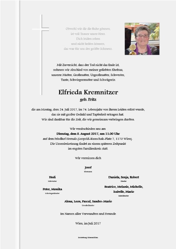 Erinnerungsbild für Elfrieda Kremnitzer