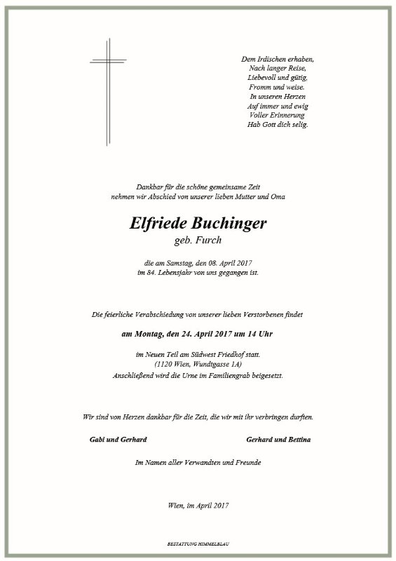 Erinnerungsbild für Elfriede Buchinger