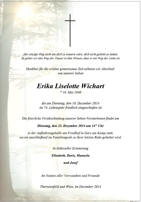 Erinnerungsbild für Erika Liselotte Wichart