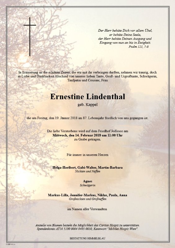 Erinnerungsbild für Ernestine Lindenthal
