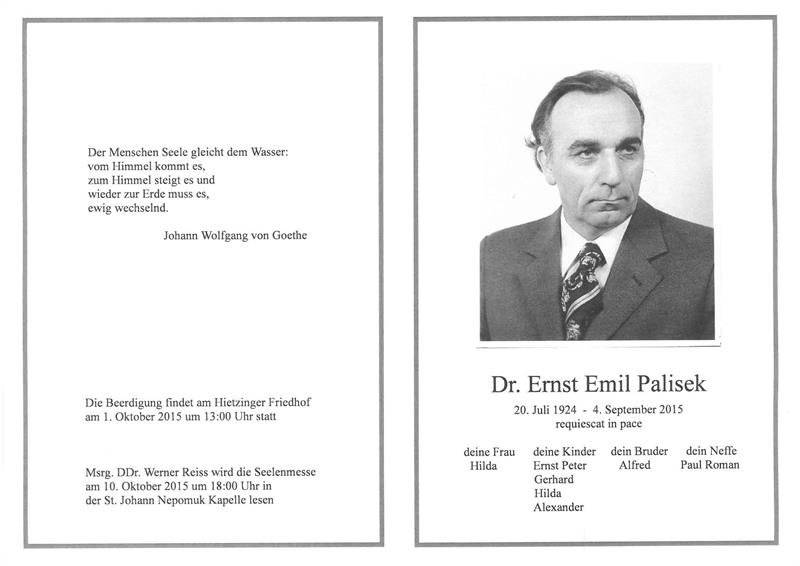 Erinnerungsbild für Sekt.Chef i.R. Dr.jur. Ernst Emil Josef Palisek