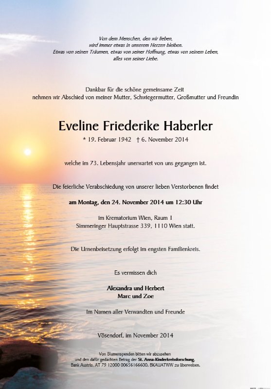 Erinnerungsbild für Eveline Friederike Haberler