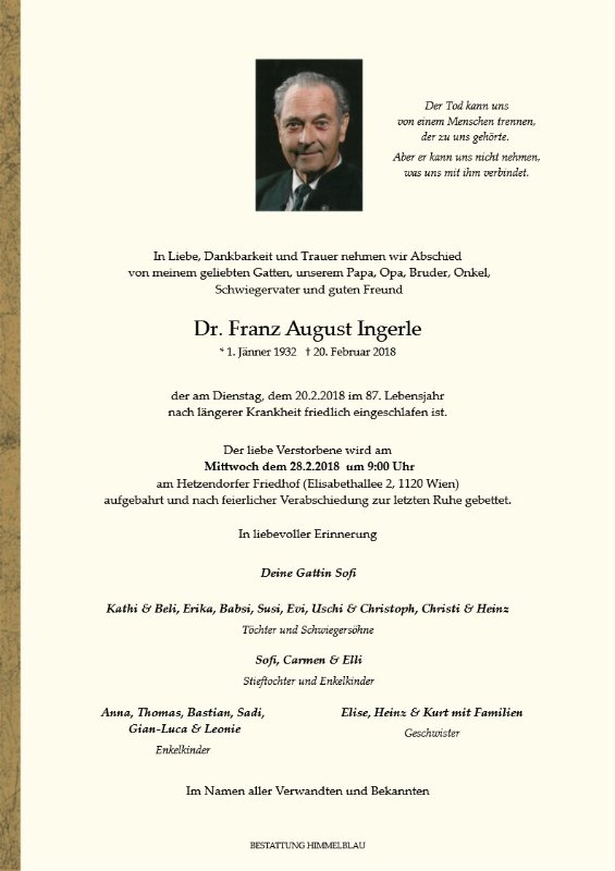 Erinnerungsbild für Dr. med. Franz August Ingerle