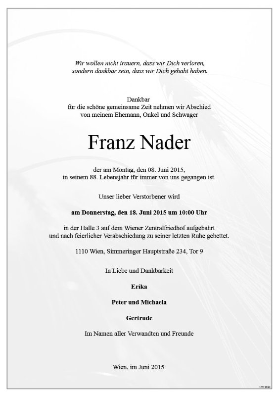 Erinnerungsbild für Franz Nader