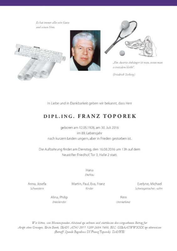 Erinnerungsbild für Dipl. Ing. Franz Toporek