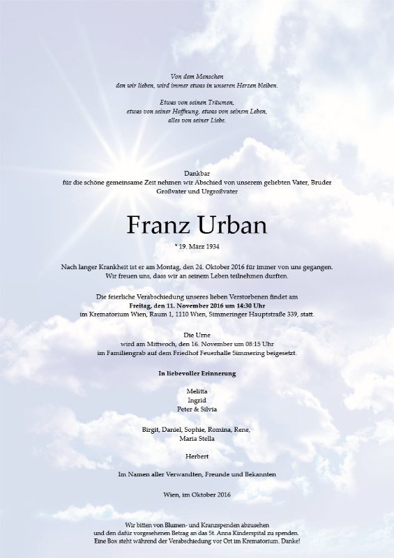 Erinnerungsbild für Franz Urban