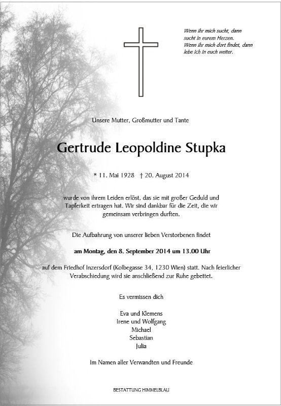 Erinnerungsbild für Gertrude Leopoldine Stupka