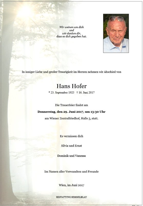 Erinnerungsbild für Hans Hofer