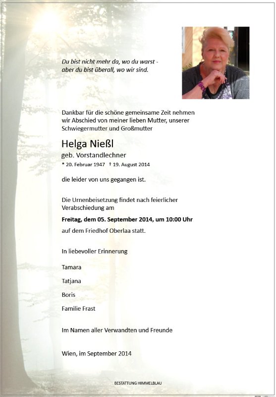 Erinnerungsbild für Helga Nießl