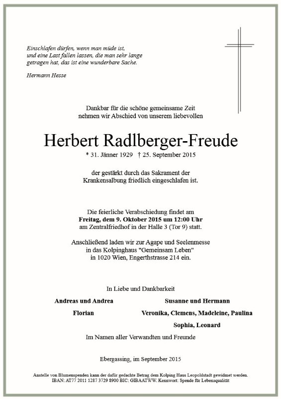 Erinnerungsbild für Herbert Radlberger-Freude