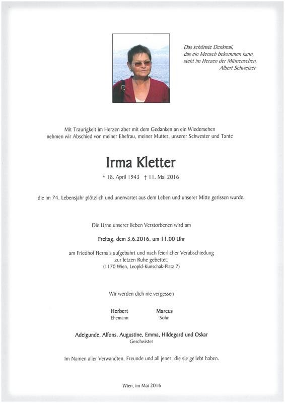 Erinnerungsbild für Irma Kletter