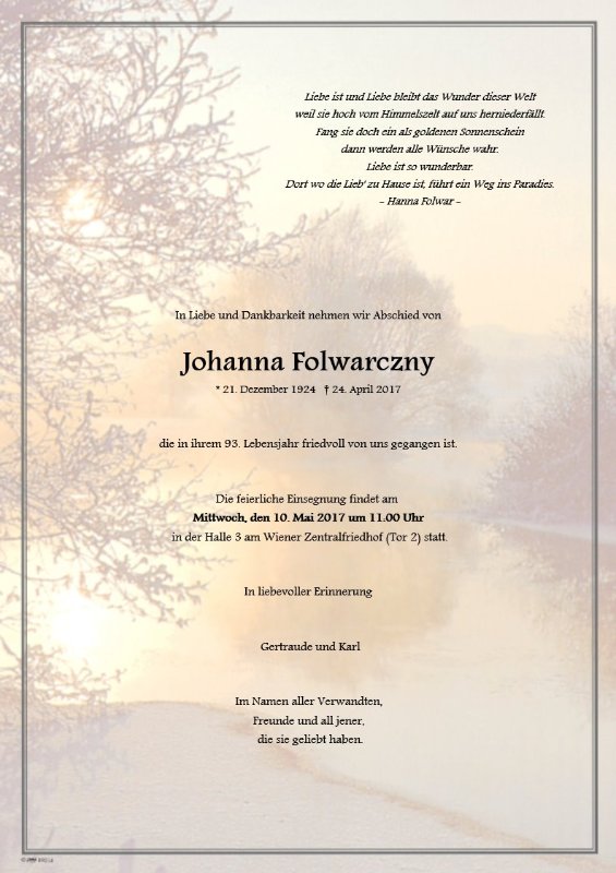 Erinnerungsbild für Johanna Folwarczny