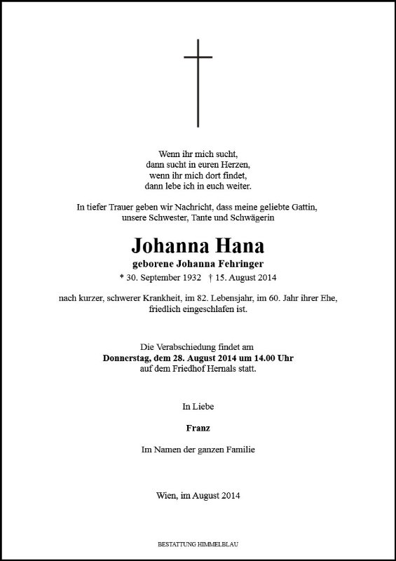 Erinnerungsbild für Johanna Hana