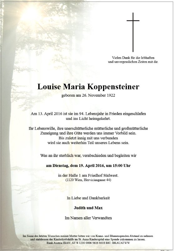 Erinnerungsbild für Louise Maria Koppensteiner
