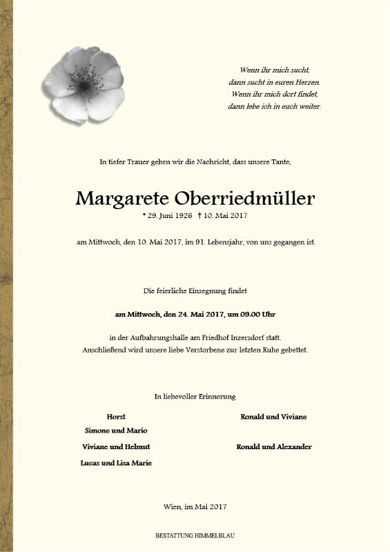 Erinnerungsbild für Margarete Oberriedmüller