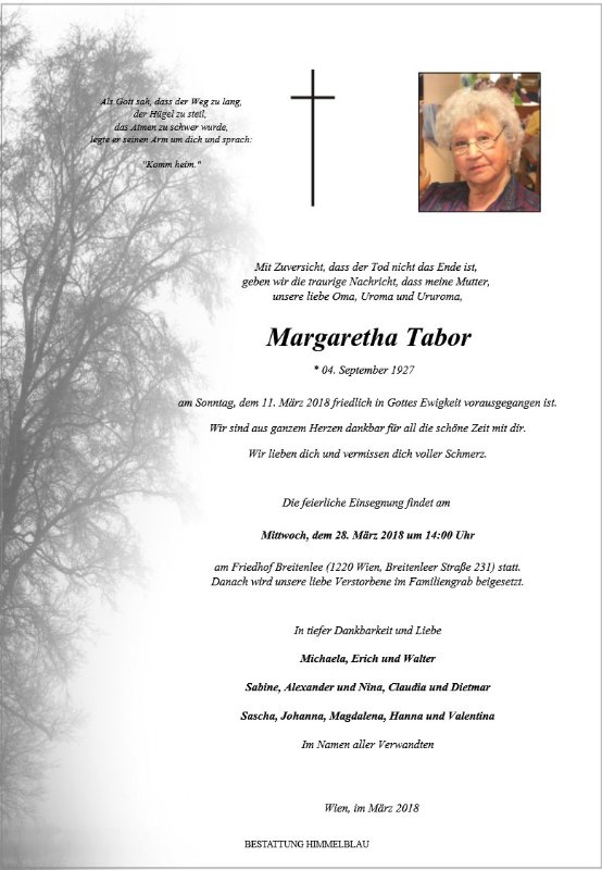 Erinnerungsbild für Margaretha Tabor