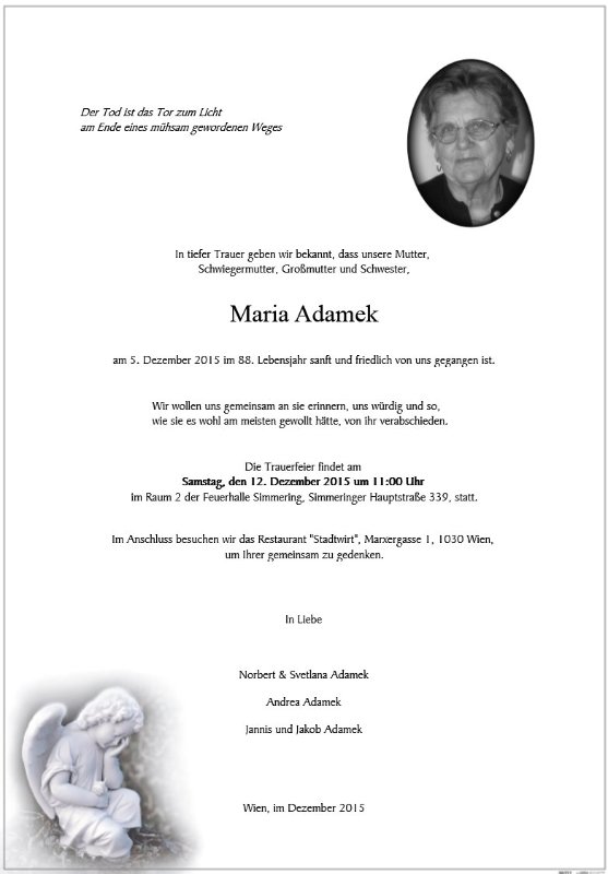 Erinnerungsbild für Maria Adamek