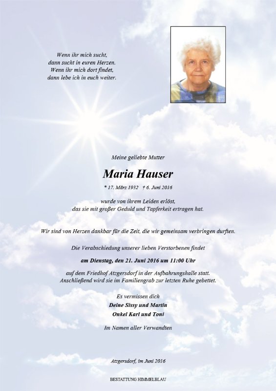 Erinnerungsbild für Maria Hauser