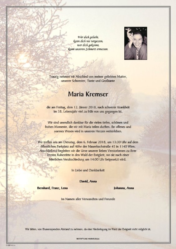 Erinnerungsbild für Maria Kremser