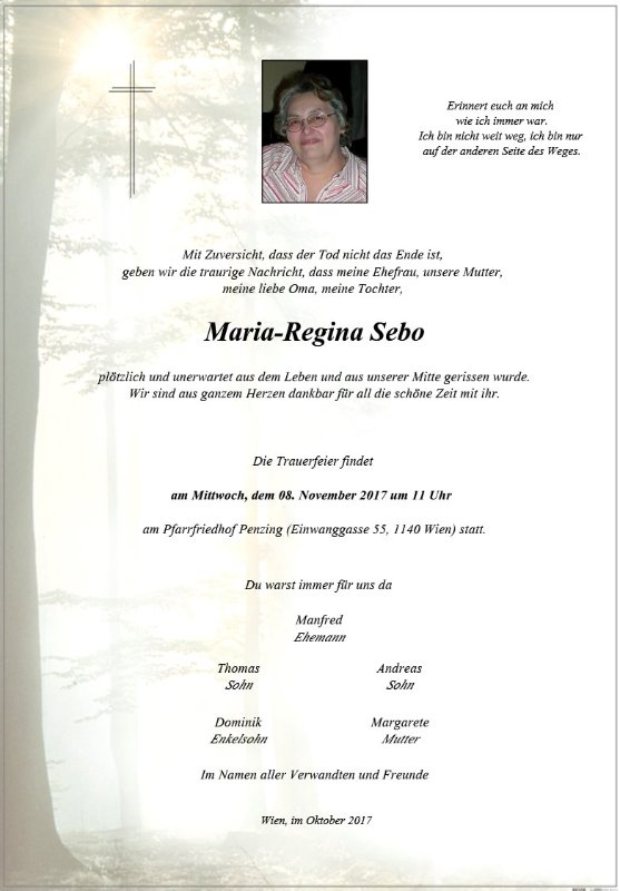 Erinnerungsbild für Maria Regina Sebo