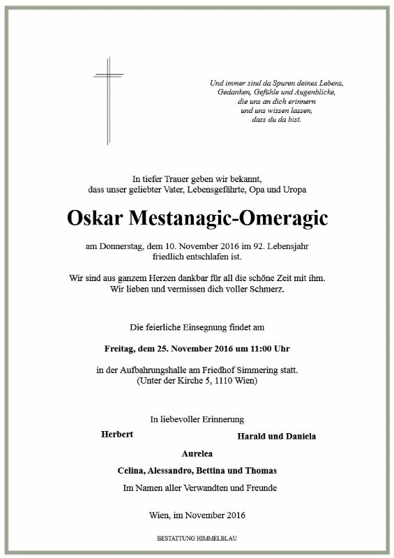 Erinnerungsbild für Oskar Mestanagic-Omeragic