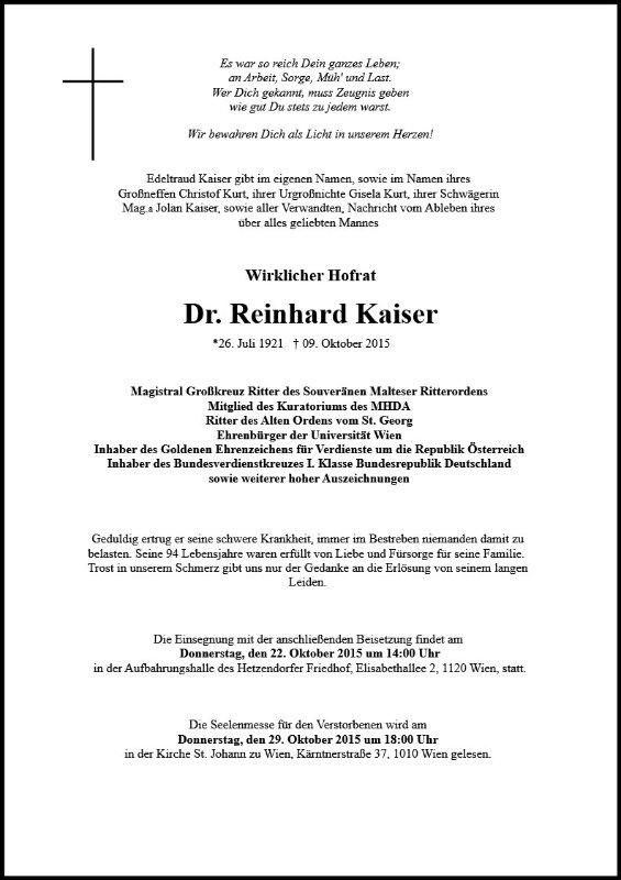Erinnerungsbild für Hofrat Dr. Reinhard Kaiser