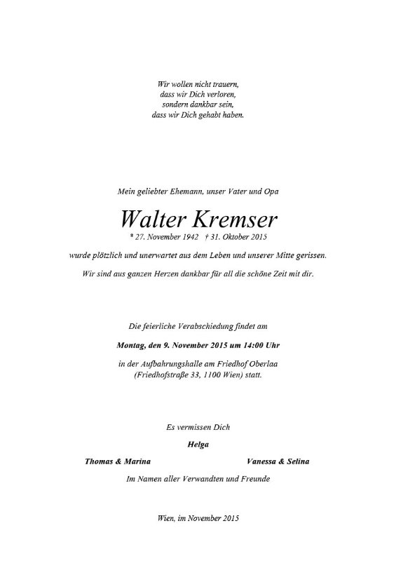Erinnerungsbild für Walter Kremser