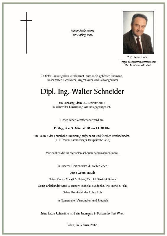 Erinnerungsbild für Arch. Dipl. Ing. Walter Schneider