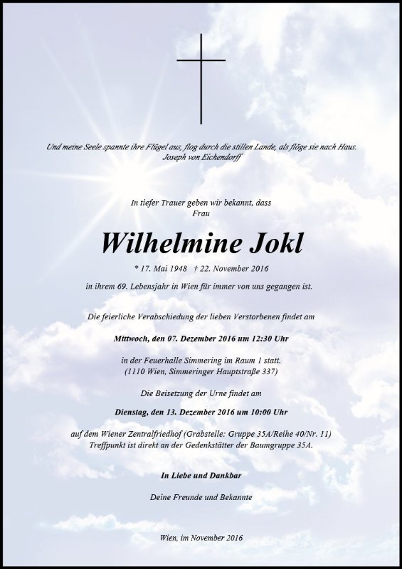 Erinnerungsbild für Wilhelmine Franziska Jokl