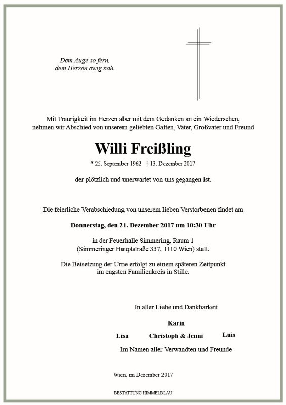 Erinnerungsbild für Willi Freißling