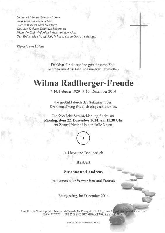 Erinnerungsbild für Wilma Radlberger-Freude