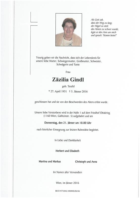 Erinnerungsbild für Zäzilia Gindl